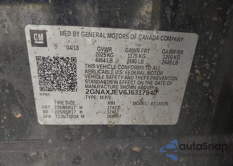 2018 Chevrolet Equinox Lt z USA, uszkodzony, nr VIN 2GNAXJEV6J6317940